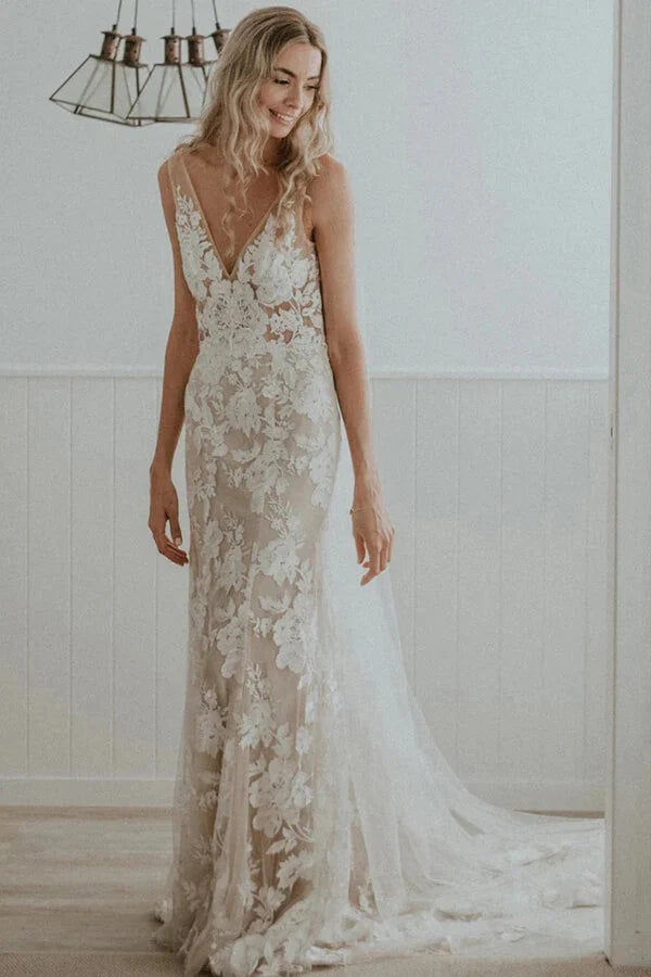 open lace back dress Ivory Tulle Boho Princess A-line V-neck Long Sleeves Wedding Dresses, MW669 main image 0
