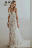 Tulle Sheath V Neck Princess Boho Wedding Dresses With Lace Appliques, PW406
