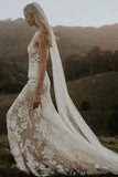 Tulle Sheath V Neck Princess Boho Wedding Dresses With Lace Appliques, PW406 image 1