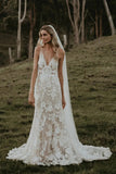 Tulle Sheath V Neck Princess Boho Wedding Dresses With Lace Appliques, PW406 image 2