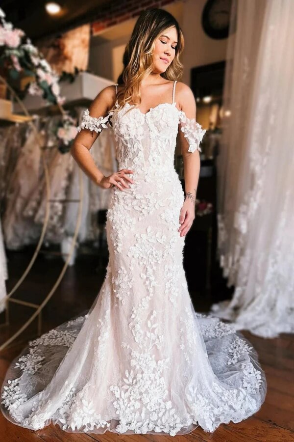 spaghetti strap off the shoulder wedding dress White off Shoulder Long Beach Wedding Dress with Spaghetti Straps Floral Pattern