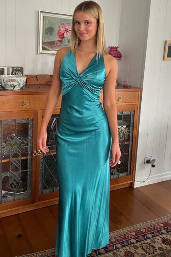 Turquoise Satin Mermaid V-Neck Pleated Prom Dresses, PL678
