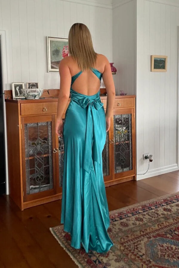 Turquoise Satin Mermaid V-Neck Pleated Prom Dresses, PL678 | Promnova Custom Size / Custom Color Turquoise Satin Mermaid V-Neck Pleated Prom Dresses, PL678 | Promnova Custom Size / Custom Color