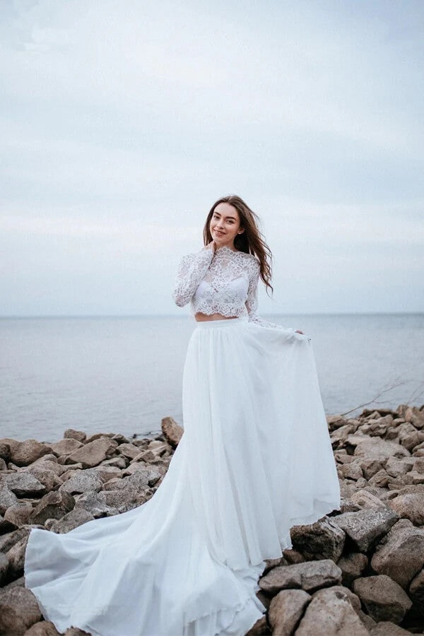 Chiffon Two Piece Long Sleeve Beach Wedding Dresses, PW486 | Promnova US10 / Custom Color Chiffon Two Piece Long Sleeve Beach Wedding Dresses, PW486 | Promnova US10 / Custom Color