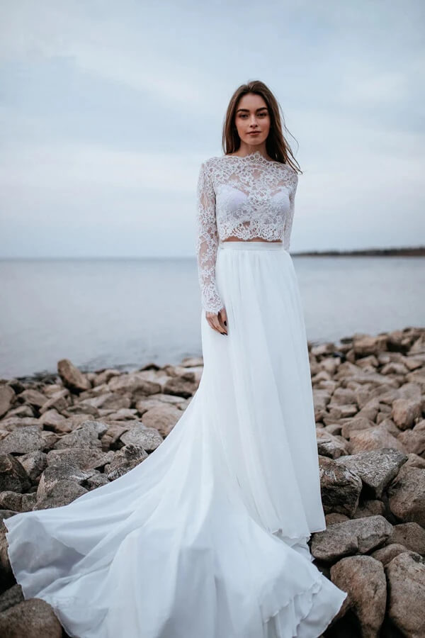 white lace two piece maxi dress Chiffon Two Piece Long Sleeve Beach Wedding Dresses, PW486