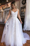 White Tulle A Line V Neck Court Train Wedding Dresses With Lace Appliques, PW536 | simple wedding dress | sexy wedding dress | wedding dress stores near me | promnova.com