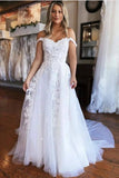 White Tulle A Line V Neck Court Train Wedding Dresses With Lace Appliques, PW536 | cheap lace wedding dresses online | bohemian wedding dress | bridal gown | promnova.com