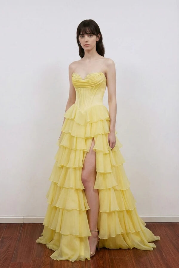 Yellow Chiffon A Line Lace Appliques Bodice Long Prom Dresses, Party Dress, PL750 image 1