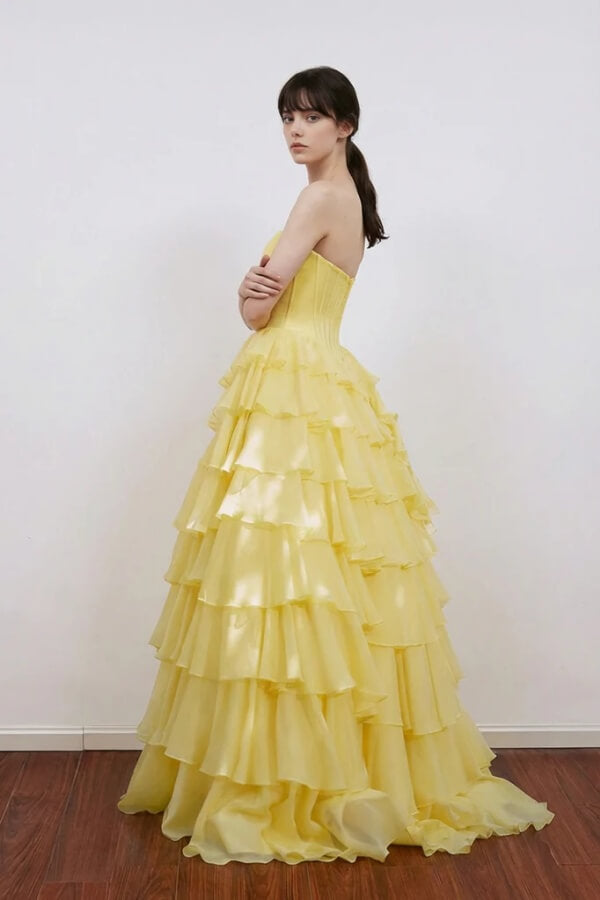 Yellow Chiffon A Line Lace Appliques Bodice Long Prom Dresses, Party Dress, PL750 image 2