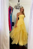 Yellow Chiffon A Line Strapless Ruffled Prom Dresses With Slit, Party Dress, PL782 | sexy prom dress | prom dress shops near me | simple prom dress | promnova.com
