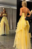 Yellow Chiffon A Line Strapless Ruffled Prom Dresses With Slit, Party Dress, PL782 | chiffon prom dress | senior prom dress | prom dresses online | promnova.com