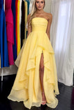 Yellow Chiffon A Line Strapless Ruffled Prom Dresses With Slit, Party Dress, PL782 | prom dress yellow | cheap prom dresses near me | long formal dress | promnova.com