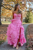 Yellow Chiffon A Line Sweetheart Corset Prom Dresses With Lace Appliques, PL616 | hot pink prom dress | prom dresses online | strapless prom dress | promnova.com