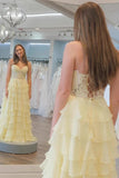 Yellow Chiffon A Line Sweetheart Corset Prom Dresses With Lace Appliques, PL616 | cheap prom dress | chiffon prom dress | long prom dress | promnova.com
