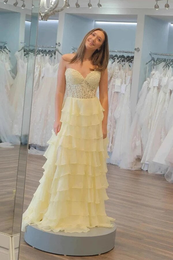 Yellow Chiffon A Line Sweetheart Corset Prom Dresses, PL616