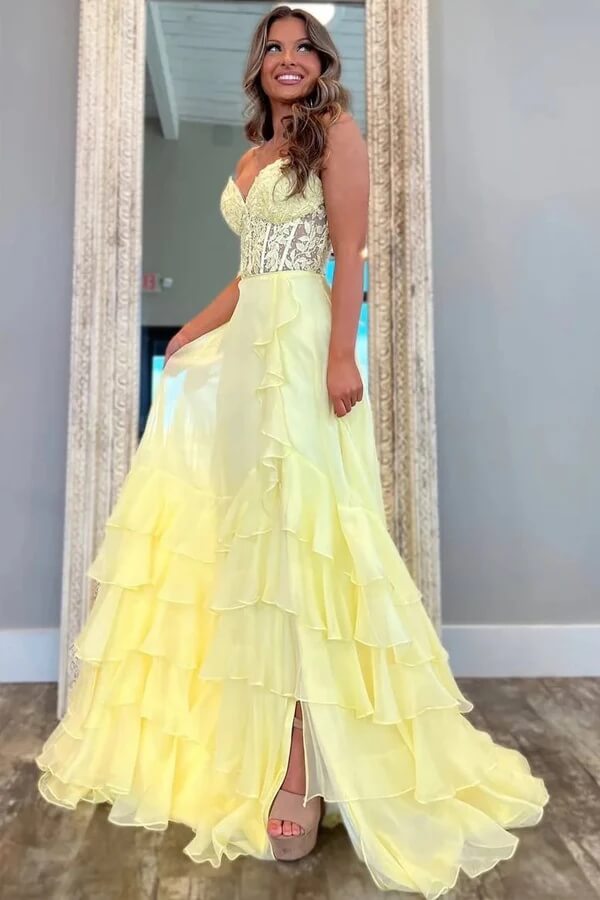 Yellow Chiffon A Line V Neck Ruffles Prom Dresses, PL700 | Promnova Yellow Chiffon A Line V Neck Ruffles Prom Dresses, PL700 | Promnova