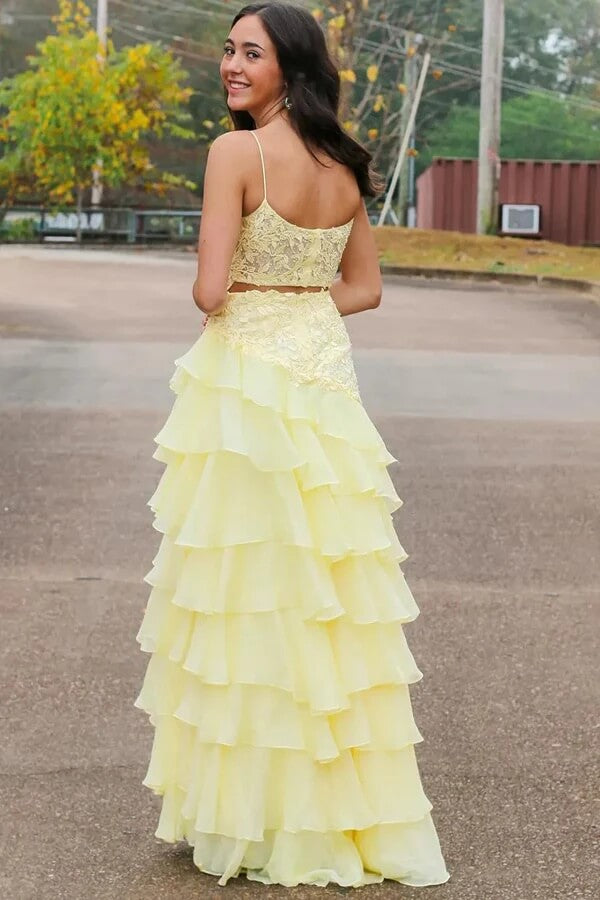Yellow Chiffon Layered Spaghetti Straps Prom Dresses, PL679 | Promnova Yellow Chiffon Layered Spaghetti Straps Prom Dresses, PL679 | Promnova