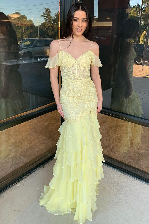 Yellow Chiffon Ruffled Mermaid V Neck Lace Prom Dress PL699 | Promnova Yellow Chiffon Ruffled Mermaid V Neck Lace Prom Dress PL699 | Promnova