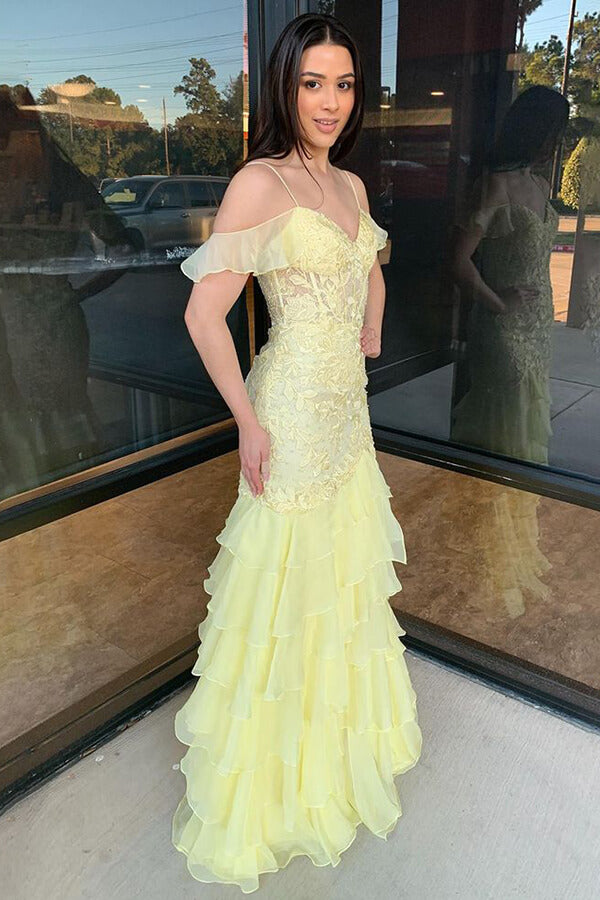 Yellow Chiffon Ruffled Mermaid V Neck Lace Prom Dress PL699 | Promnova Yellow Chiffon Ruffled Mermaid V Neck Lace Prom Dress PL699 | Promnova