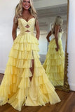 Yellow Chiffon Tiered A Line Sweetheart Prom Dresses With Slit, Party Dress, PL770 | prom dress yellow | sparkly prom dress | long formal dress | promnova.com