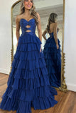 Yellow Chiffon Tiered A Line Sweetheart Prom Dresses With Slit, Party Dress, PL770 | navy prom dress | prom dress shopping near me | promnova.com