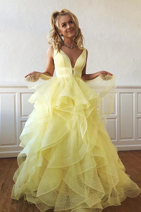 Yellow Polka Dot Tulle A Line V Neck Prom Dresses, PL575 | Promnova Custom Size / As Picture Yellow Polka Dot Tulle A Line V Neck Prom Dresses, PL575 | Promnova Custom Size / As Picture