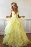 Yellow Polka Dot Tulle A Line V Neck Prom Dresses, Long Formal Dresses, PL575