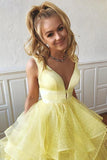 Yellow Polka Dot Tulle A Line V Neck Prom Dresses, Long Formal Dresses, PL575 | simple prom dresses | party dresses | evening dresses | promnova.com