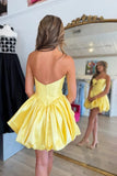 Yellow Satin A Line V Neck Strapless Short Homecoming Dress, Short Party Dress, PH477 | where to buy homecoming dress online | cheap homecoming dresses near me | homecoming dress stores near me | promnova.com