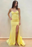 Yellow Satin Mermaid Strapless High Slit Sleeveless Long Prom Dresses, PL744 image 1