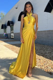 Yellow Satin Sheath Halter Ruched Simple Long Prom Dresses With Slit, PL658