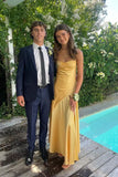 Yellow Satin Sheath Spaghetti Straps Simple Long Prom Dresses, Party Dress, PL740 image 2