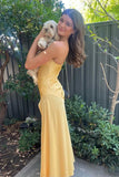 Yellow Satin Sheath Spaghetti Straps Simple Long Prom Dresses, Party Dress, PL740 image 3
