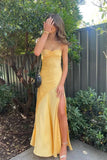 Yellow Satin Sheath Spaghetti Straps Simple Long Prom Dresses, Party Dress, PL740 image 1
