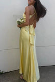 Yellow Satin Sheath V Neck Backless Long Prom Dresses With Bowknot, PL738 image 2