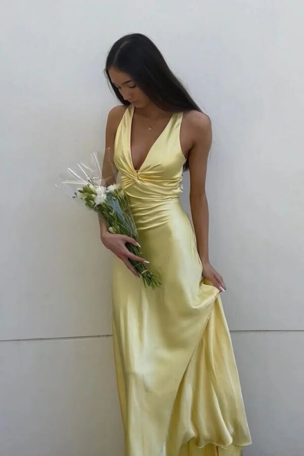 Yellow Satin Sheath V Neck Backless Long Prom Dress, PL738