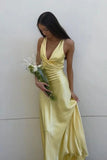 Yellow Satin Sheath V Neck Backless Long Prom Dresses With Bowknot, PL738 image 1