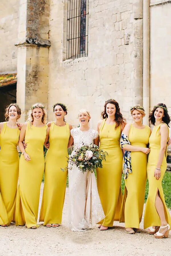 blue dress for baby girl Yellow Sheath Scoop Long Bridesmaid Dresses, PB183