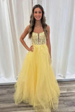 Yellow Tulle A Line Lace up Back Long Prom Dresses With Lace Appliques, PL646
