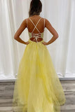 Yellow Tulle A Line Lace up Back Long Prom Dresses With Lace Appliques, PL646 | lace prom dress | prom dress for girls | promnova.com