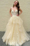 Yellow Tulle A Line Spagehtti Straps V Neck Lace Appliques Prom Dresses, PL749