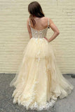 Yellow Tulle A Line Spagehtti Straps V Neck Lace Appliques Prom Dresses, PL749 image 2