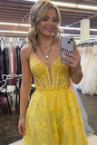 Yellow Tulle A Line Spaghetti Straps Prom Dresses With Lace Appliques, PL599 image 3