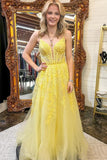 Yellow Tulle A Line Spaghetti Straps Prom Dresses With Lace Appliques, PL599