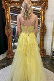 Yellow Tulle A Line Spaghetti Straps Prom Dresses With Lace Appliques, PL599 image 2