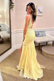 Yellow Tulle Mermaid V-neck Spaghetti Straps Prom Dress With Appliques, PL636 | long formal dress | evening dress | new arrival prom dress | promnova.com