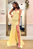 Yellow Tulle Mermaid V-neck Spaghetti Straps Prom Dress With Appliques, PL636