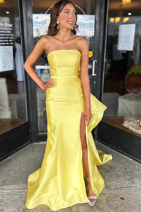 Yellow Satin Mermaid Strapless Prom Dresses With Bow, PL713 | Promnova US12 / Custom Color Yellow Satin Mermaid Strapless Prom Dresses With Bow, PL713 | Promnova US12 / Custom Color
