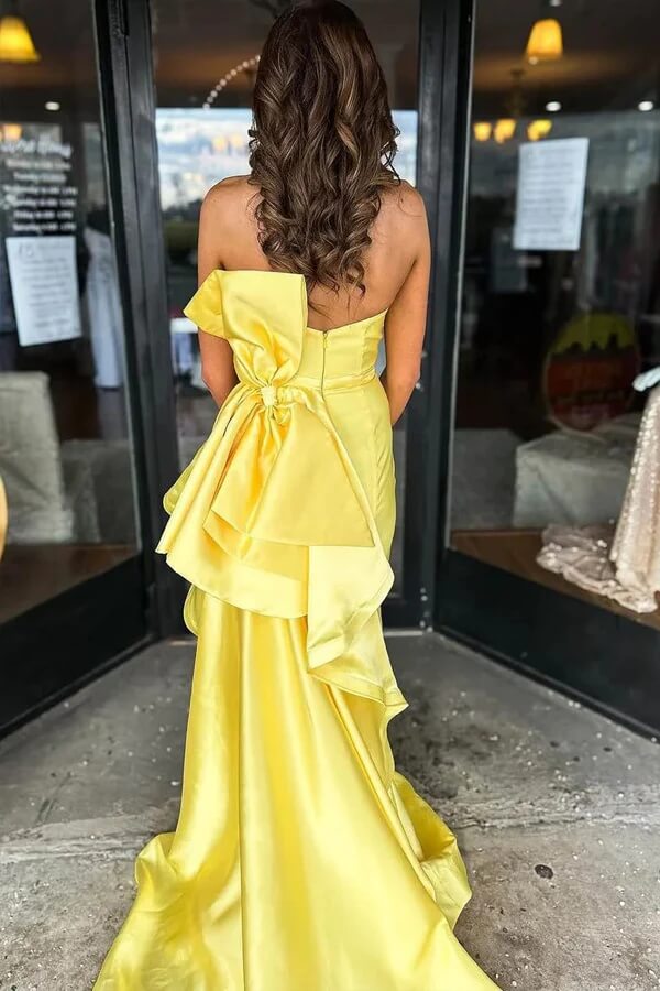 Yellow Satin Mermaid Strapless Prom Dresses With Bow, PL713 | Promnova US12 / Custom Color Yellow Satin Mermaid Strapless Prom Dresses With Bow, PL713 | Promnova US12 / Custom Color