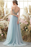 A-line Beaded Spaghetti Straps Prom Dresses With Side Split, Evening Dress PL415 | beaded prom dresses | tulle prom dress | a line prom dresses | www.promnova.com